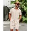 COOFANDY Men’s 2 Piece Outfits Cuban Guayabera Short Sleeve Shirts and Shorts Summer Beach Vacation Sets for Men(Beige)