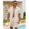 COOFANDY Men’s 2 Piece Outfits Cuban Guayabera Short Sleeve Shirts and Shorts Summer Beach Vacation Sets for Men(Beige)