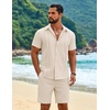 COOFANDY Men’s 2 Piece Outfits Cuban Guayabera Short Sleeve Shirts and Shorts Summer Beach Vacation Sets for Men(Beige)