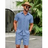 COOFANDY Men’s 2 Piece Outfits Cuban Guayabera Short Sleeve Shirts and Shorts Summer Beach Vacation Sets for Men(Denim Blue)