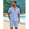 COOFANDY Men’s 2 Piece Outfits Cuban Guayabera Short Sleeve Shirts and Shorts Summer Beach Vacation Sets for Men(Light Blue)