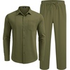 COOFANDY Mens 2 Piece Outfits Long Sleeve Button Down Cuban Shirt and Pants Set Summer Beach Sets(Army Green)