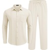 COOFANDY Mens 2 Piece Outfits Long Sleeve Button Down Cuban Shirt and Pants Set Summer Beach Sets(Beige)
