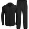 COOFANDY Mens 2 Piece Outfits Long Sleeve Button Down Cuban Shirt and Pants Set Summer Beach Sets(Black)