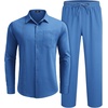 COOFANDY Mens 2 Piece Outfits Long Sleeve Button Down Cuban Shirt and Pants Set Summer Beach Sets(Blue)