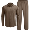 COOFANDY Mens 2 Piece Outfits Long Sleeve Button Down Cuban Shirt and Pants Set Summer Beach Sets(Brown)
