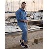 COOFANDY Mens 2 Piece Outfits Long Sleeve Button Down Cuban Shirt and Pants Set Summer Beach Sets(Denim Blue)