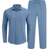 COOFANDY Mens 2 Piece Outfits Long Sleeve Button Down Cuban Shirt and Pants Set Summer Beach Sets(Denim Blue)