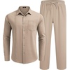 COOFANDY Mens 2 Piece Outfits Long Sleeve Button Down Cuban Shirt and Pants Set Summer Beach Sets(Khaki)
