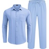 COOFANDY Mens 2 Piece Outfits Long Sleeve Button Down Cuban Shirt and Pants Set Summer Beach Sets(Light Blue)