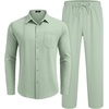 COOFANDY Mens 2 Piece Outfits Long Sleeve Button Down Cuban Shirt and Pants Set Summer Beach Sets(Light Green)