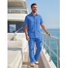 COOFANDY Men’s 2 Piece Sets Beach Outfits Cotton Short Sleeve Button Down Shirts Loose Pants Summer Vacation Casual Outfits(Blue)