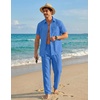 COOFANDY Men’s 2 Piece Sets Beach Outfits Cotton Short Sleeve Button Down Shirts Loose Pants Summer Vacation Casual Outfits(Blue)