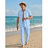 COOFANDY Men’s 2 Piece Sets Beach Outfits Cotton Short Sleeve Button Down Shirts Loose Pants Summer Vacation Casual Outfits(Light Blue)