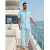 COOFANDY Men’s 2 Piece Sets Beach Outfits Cotton Short Sleeve Button Down Shirts Loose Pants Summer Vacation Casual Outfits(Sky Blue)