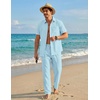 COOFANDY Men’s 2 Piece Sets Beach Outfits Cotton Short Sleeve Button Down Shirts Loose Pants Summer Vacation Casual Outfits(Sky Blue)