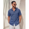 COOFANDY Mens Casual Button Down Shirt Short Sleeve Lightweight Summer Beach Shirts Textured Linen Shirt(Blue)