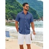 COOFANDY Mens Casual Button Down Shirt Short Sleeve Lightweight Summer Beach Shirts Textured Linen Shirt(Blue)