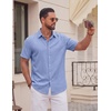 COOFANDY Mens Casual Button Down Shirt Short Sleeve Lightweight Summer Beach Shirts Textured Linen Shirt(Light Blue)