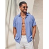 COOFANDY Mens Casual Button Down Shirt Short Sleeve Lightweight Summer Beach Shirts Textured Linen Shirt(Light Blue)