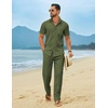 COOFANDY Men’s Linen Sets 2 Piece Beach Outfit Casual Short Sleeve Button Down Shirts Loose Pants Summer Vacation Outfits(Army Green)