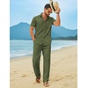 COOFANDY Men’s Linen Sets 2 Piece Beach Outfit Casual Short Sleeve Button Down Shirts Loose Pants Summer Vacation Outfits(Army Green)