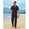 COOFANDY Men’s Linen Sets 2 Piece Beach Outfit Casual Short Sleeve Button Down Shirts Loose Pants Summer Vacation Outfits(Black)