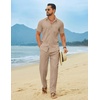COOFANDY Men’s Linen Sets 2 Piece Beach Outfit Casual Short Sleeve Button Down Shirts Loose Pants Summer Vacation Outfits(Khaki)