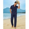 COOFANDY Men’s Linen Sets 2 Piece Beach Outfit Casual Short Sleeve Button Down Shirts Loose Pants Summer Vacation Outfits(Navy Blue)