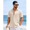 COOFANDY Mens Short Sleeve Casual Shirts Button Down Striped Summer Shirts Textured Vacation Beach Shirt(A White/Beige)