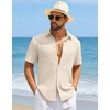 COOFANDY Mens Short Sleeve Casual Shirts Button Down Striped Summer Shirts Textured Vacation Beach Shirt(A White/Beige)