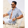 COOFANDY Mens Short Sleeve Casual Shirts Button Down Striped Summer Shirts Textured Vacation Beach Shirt(A White/Light Blue)