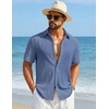 COOFANDY Mens Short Sleeve Casual Shirts Button Down Striped Summer Shirts Textured Vacation Beach Shirt(Grey Blue)