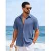 COOFANDY Mens Short Sleeve Casual Shirts Button Down Striped Summer Shirts Textured Vacation Beach Shirt(Grey Blue)