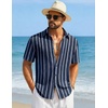 COOFANDY Mens Short Sleeve Casual Shirts Button Down Striped Summer Shirts Textured Vacation Beach Shirt(Navy Blue/Dark Grey)