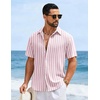 COOFANDY Mens Short Sleeve Casual Shirts Button Down Striped Summer Shirts Textured Vacation Beach Shirt(White/Pink)