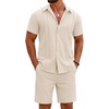 COOFANDY Men’s 2 Piece Outfits Cuban Guayabera Short Sleeve Shirts and Shorts Summer Beach Vacation Sets for Men(Beige)