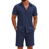 COOFANDY Men’s 2 Piece Outfits Cuban Guayabera Short Sleeve Shirts and Shorts Summer Beach Vacation Sets for Men(Navy Blue)