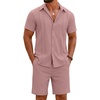 COOFANDY Men’s 2 Piece Outfits Cuban Guayabera Short Sleeve Shirts and Shorts Summer Beach Vacation Sets for Men(Pink)