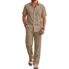 COOFANDY Men’s 2 Piece Sets Beach Outfits Cotton Short Sleeve Button Down Shirts Loose Pants Summer Vacation Casual Outfits(Khaki)