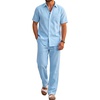 COOFANDY Men’s 2 Piece Sets Beach Outfits Cotton Short Sleeve Button Down Shirts Loose Pants Summer Vacation Casual Outfits(Light Blue)