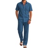 COOFANDY Men’s 2 Piece Sets Beach Outfits Cotton Short Sleeve Button Down Shirts Loose Pants Summer Vacation Casual Outfits(Navy)
