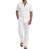 COOFANDY Men’s 2 Piece Sets Beach Outfits Cotton Short Sleeve Button Down Shirts Loose Pants Summer Vacation Casual Outfits(White)