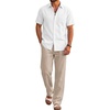 COOFANDY Men’s 2 Piece Sets Beach Outfits Cotton Short Sleeve Button Down Shirts Loose Pants Summer Vacation Casual Outfits(White Shirt/Moon Gray Pants)