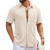 COOFANDY Mens Short Sleeve Casual Shirts Button Down Striped Summer Shirts Textured Vacation Beach Shirt(A White/Beige)