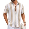 COOFANDY Mens Short Sleeve Casual Shirts Button Down Striped Summer Shirts Textured Vacation Beach Shirt(A White/Khaki)