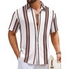 COOFANDY Mens Short Sleeve Casual Shirts Button Down Striped Summer Shirts Textured Vacation Beach Shirt(B White/Brown)
