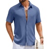 COOFANDY Mens Short Sleeve Casual Shirts Button Down Striped Summer Shirts Textured Vacation Beach Shirt(Grey Blue)