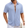 COOFANDY Mens Short Sleeve Casual Shirts Button Down Striped Summer Shirts Textured Vacation Beach Shirt(White/Blue)