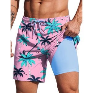 COOFANDY 2 in 1 Mens Swim Trunks 7 Inch Quick Dry Board Shorts Beach Swim Shorts Bathing Suit with Compression Liner(Pink Tree)